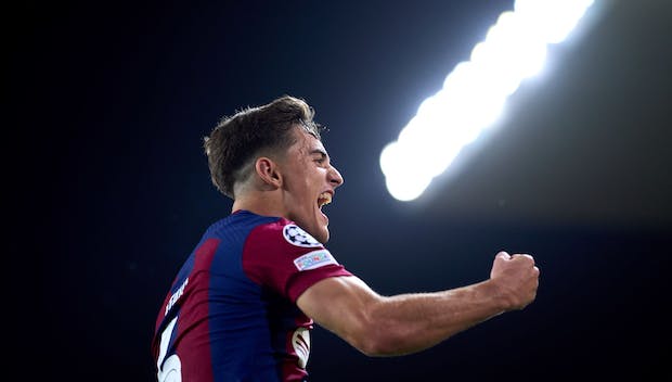 BARCELONA, SPAIN - SEPTEMBER 19: Pablo Paez 'Gavi' of FC Barcelona celebrates after scoring his team's fourth goal during the UEFA Champions League Group H match between FC Barcelona and Royal Antwerp at Estadi Olimpic Lluis Companys on September 19, 2023 in Barcelona, Spain. (Photo by