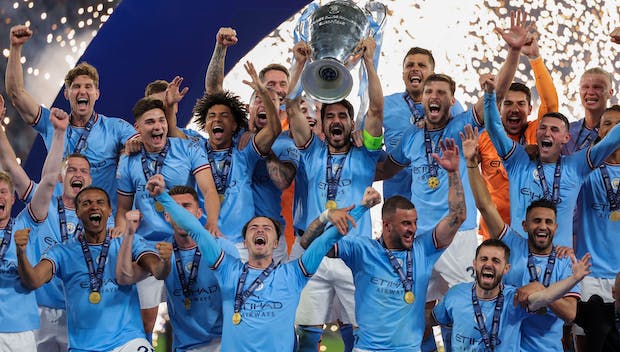 ISTANBUL, TURKEY - JUNE 11: Players celebrating the win during the UEFA Champions League Final match between Manchester City FC and FC Internazionale Milano at Ataturk Olympic Stadium on June 11, 2023 in Istanbul, Turkey. (Photo by