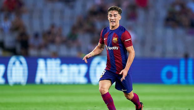 BARCELONA, SPAIN - AUGUST 20: Pablo Paez 'Gavi' of FC Barcelona with the ball during the LaLiga EA Sports match between FC Barcelona and Cadiz CF at Estadi Olimpic Lluis Companys on August 20, 2023 in Barcelona, Spain. (Photo by
