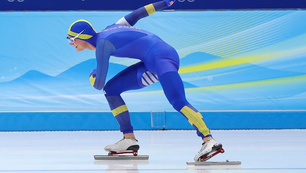 Nils van der Poel of Team Sweden skates his way to a new world record time and a gold medal during speed skating's men's 10,000m at the Beijing 2022 Winter Olympic Games