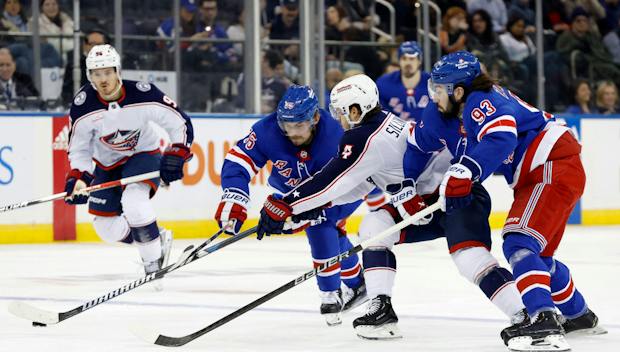The Columbus Blue Jackets take on the New York Rangers in the NHL on November 12, 2023
