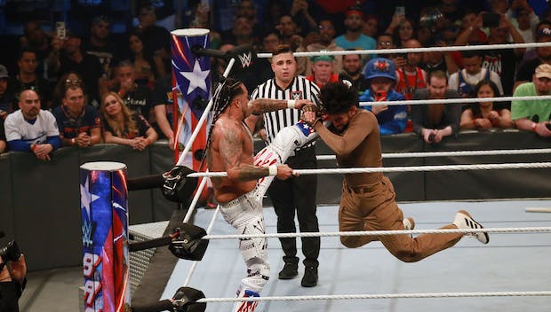 SAN JUAN, PUERTO RICO - MAY 06: Bad Bunny and Damian Priest wrestle during the WWE Backlash at Coliseo de Puerto Rico José Miguel Agrelot on May 06, 2023 in San Juan, Puerto Rico.(Photo by